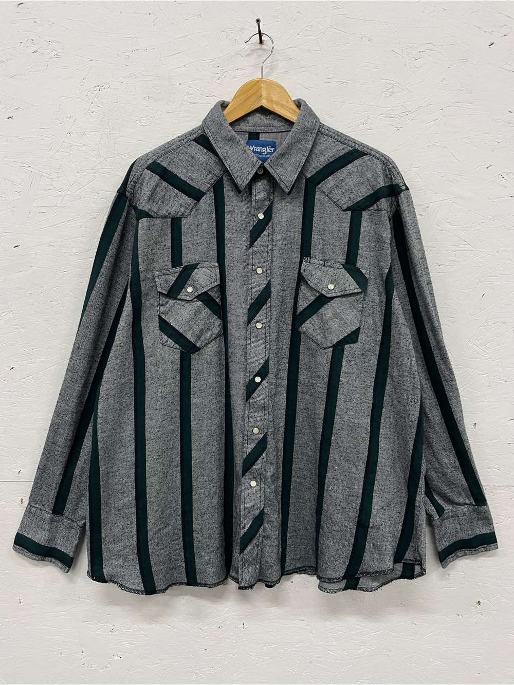 Vintage 90s Wrangler Western Flannel Shirt, 2XL, Gray/Green Striped Pearl Snap